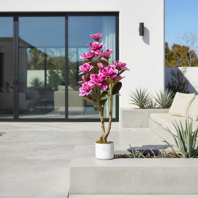 Magnolia artificiel 37 po, paquet de 2, magnolia rose réaliste avec jardinières blanches, plante à fleurs artificielles de 3,1 pi pour la maison et le bureau