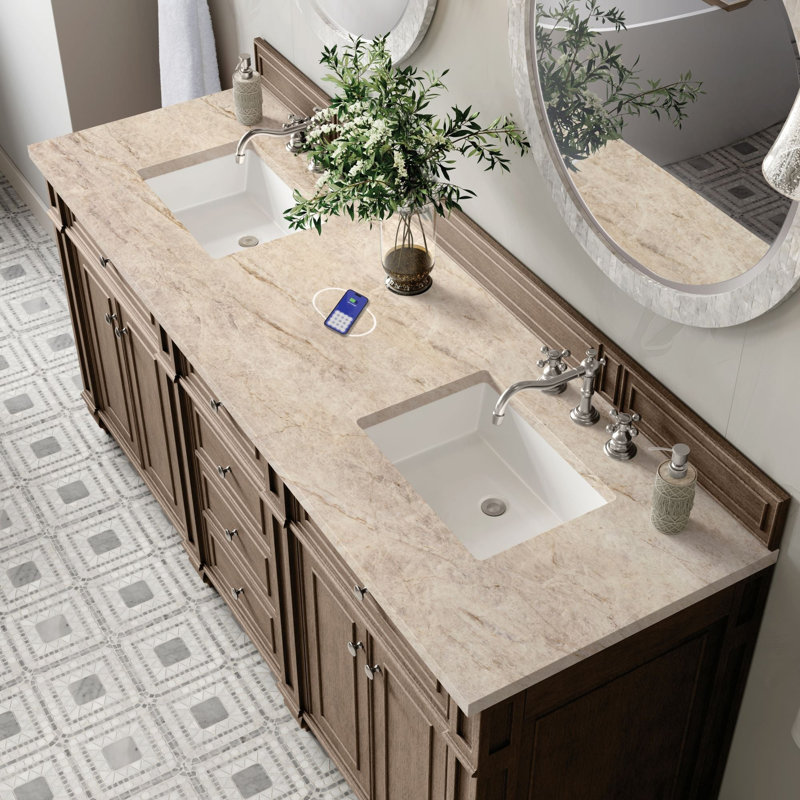 Meuble-lavabo double 72 po Bristol avec chargeur sans fil FreePower, Noyer blanchi, Tajnar Eclos