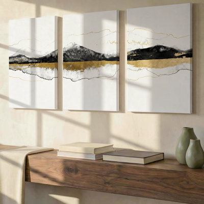 3 Pieces Exculisive Black Gray and Gold Mountain Large Wall Art Minimalist Watercolor Landscape, Canvas Decor for Living Room, Bedroom and Office