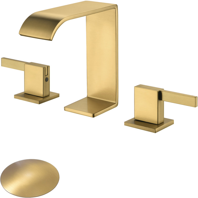 2 Handle 8 Inch Widespread Waterfall Bathroom Sink Faucet with Drain, Brushed Gold