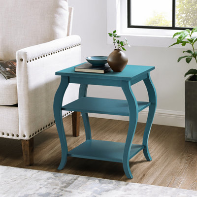 Teal Square End Table Featuring Two Shelves And Graceful Wooden Legs, Ideal For Multiple Purposes At Home 2-shelf Side With Legs Ample Storage Decor In Primary Living Area