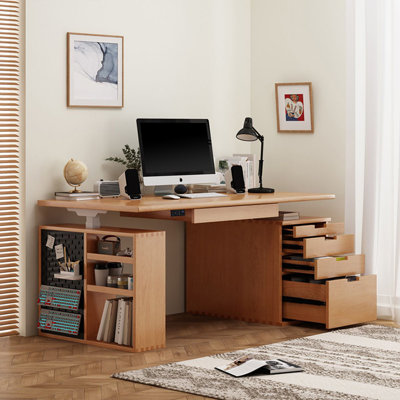 Bureau rectangulaire brun en bois massif avec 5 tiroirs