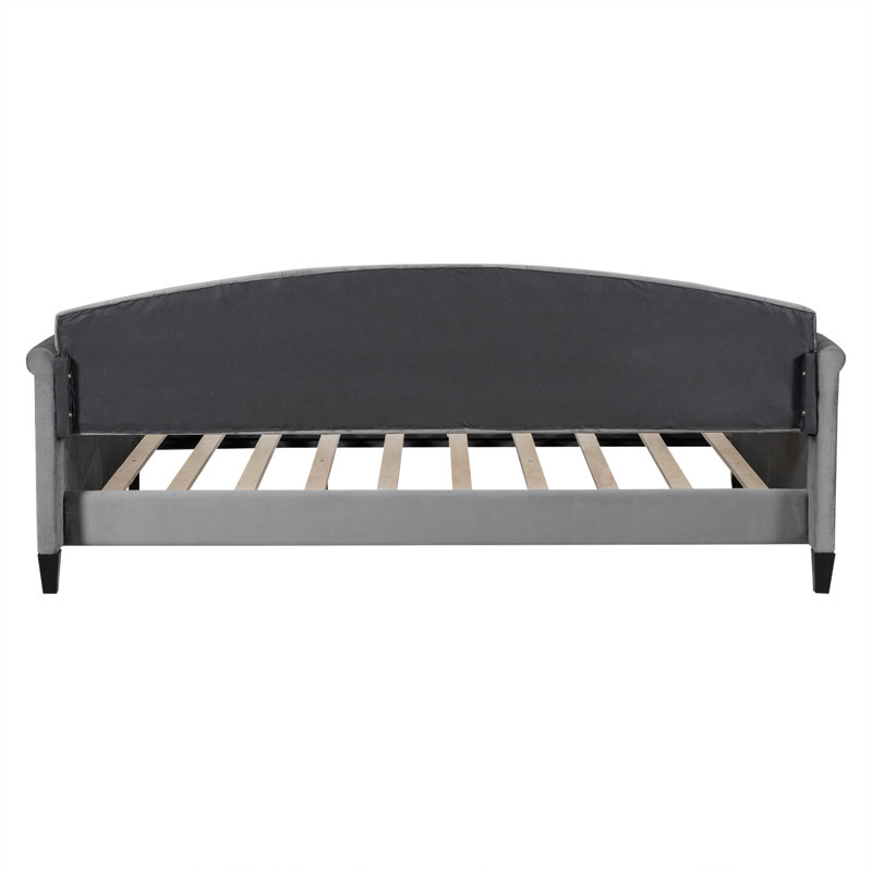 Lit de jour moderne capitonné moderne capitonné avec design à oreilles, structure rembourrée, lattes de bois robustes, aucun sommier tapissier requis, gris