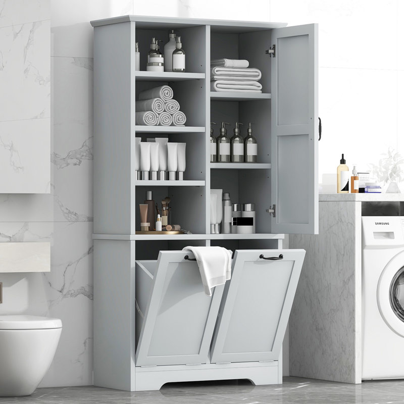 Fleurine 68'' H Bathroom Cabinet with Tilt-Out Laundry Hamper,Modern Linen Cabinet with Adjustable Shelf,Freestanding Style