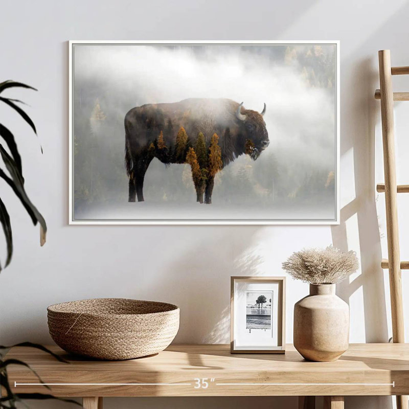 Bison de la forêt de pins, Cadre flottant blanc, 25 po x 17 po