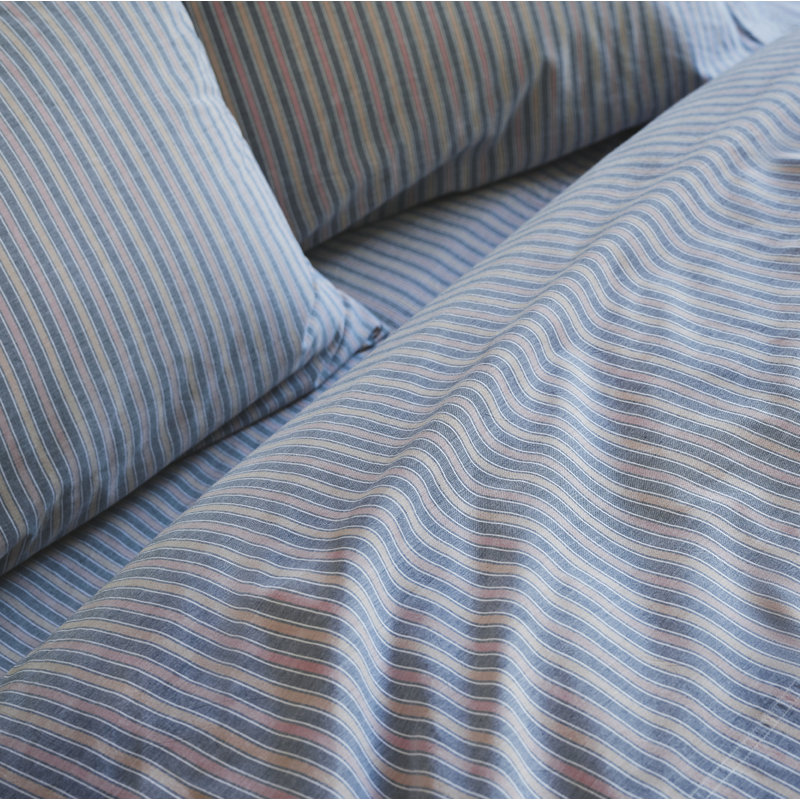 Organic Crinkled Percale Sheet Set, Full Sheet Set with 2 Pillowcases, Indigo Stripe