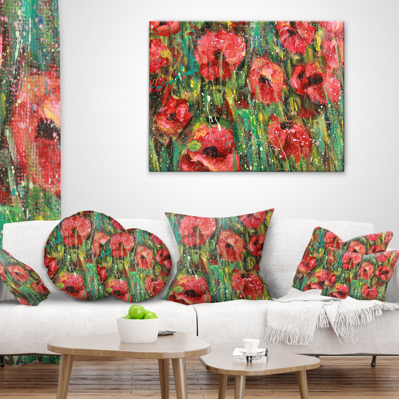 Dessin d'aquarelle de coquelicots rouges - coussin imprimé floral, 16 po x 1 po, Coussin décoratif