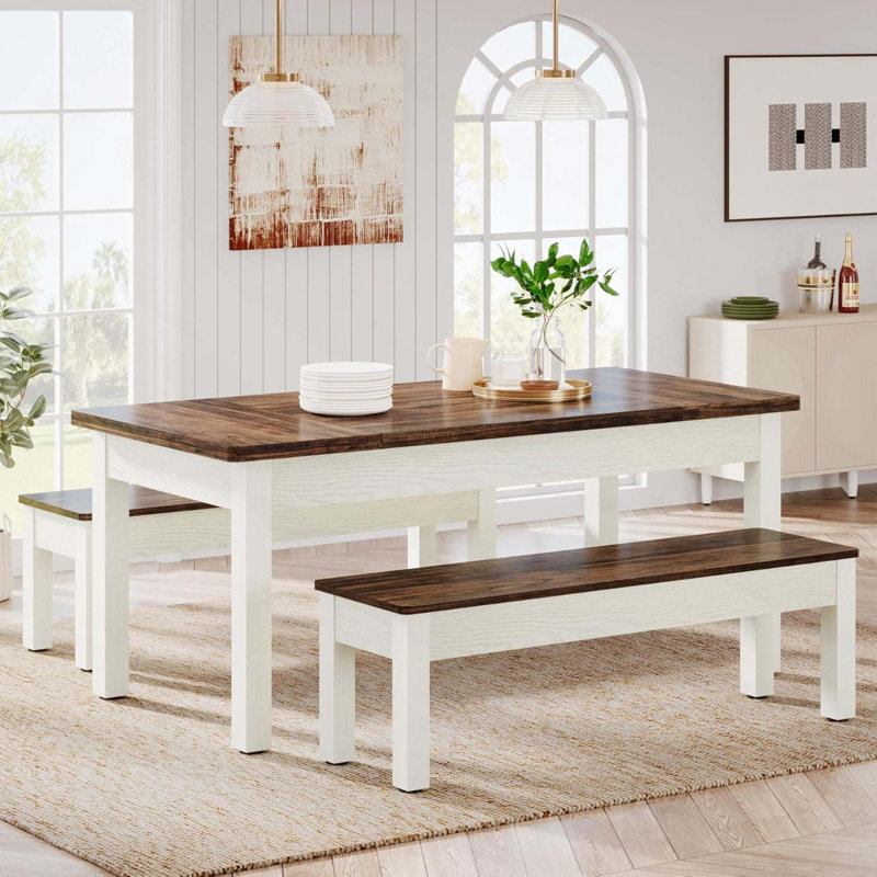 Ensemble de salle à manger de style campagnard 3 pièces avec bancs repliables pour petits espaces, pouvant accueillir confortablement 4 à 6 personnes avec une construction durable et un assemblage facile