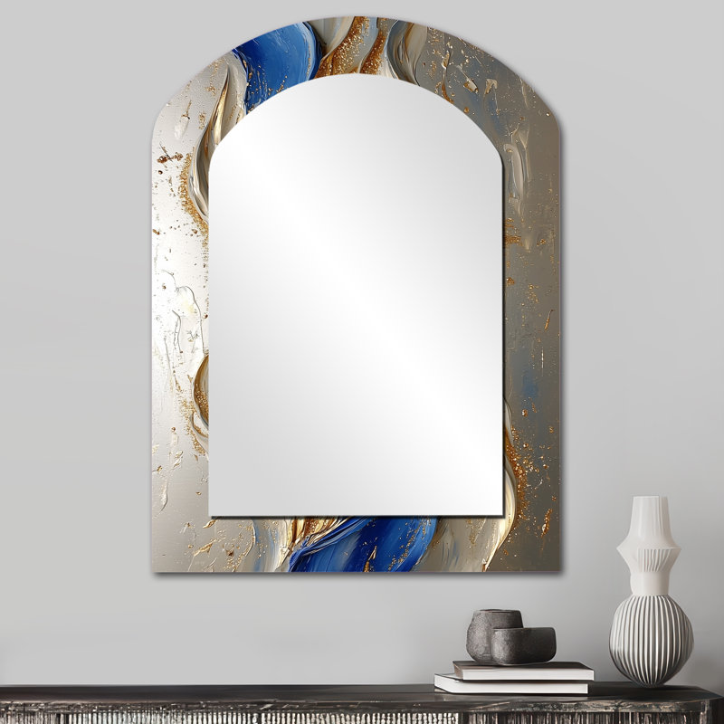 Rhythmic Golden Ink Waves Fusion II - Maze Arch Large Wall Mirror, Gold Asymmetrical Decorative Mirror, Printed Metal Art