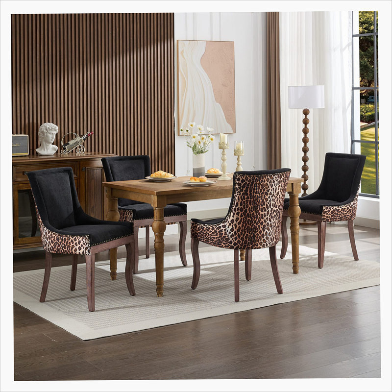 Bronze Nail Head Upholstered Side Dining Chair, Black Leopard Print