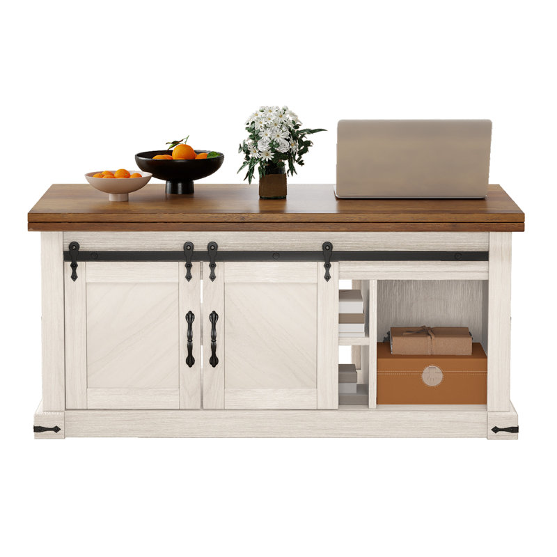 Extendable Lift Top 39.4"W Rectangular Coffee Table, Dinning Table With Sliding Barned Door Cabinet, Lifting Storage Compartment & Power Outlets