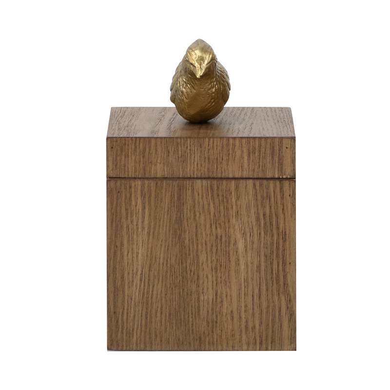 Boîte de rangement en bois brun 4 x 4 x 7 po avec finition en placage de frêne et sculpture en or ludique