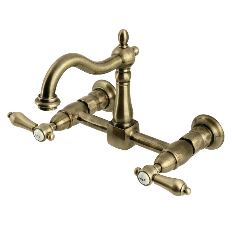 Kingston Brass Heirloom Double-Handle 2-Hole Wall-Mount Bridge Kitchen Faucet, Antique Brass