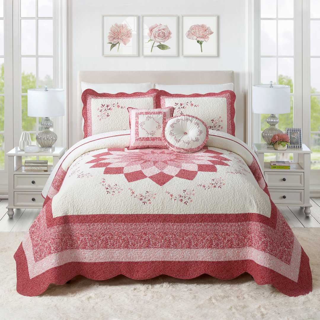 Caroline Floral Embroidered and Pieced Single Bedspread/Coverlet Modern Heirloom 