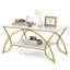 Table basse rectangulaire à 2 niveaux pour le salon Hommoo, plateau d'aspect marbre moderne, structure robuste en bois d'ingénierie et en acier, pieds réglables, blanc et doré