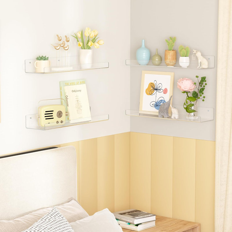 6 Pack Clear Acrylic Floating Shelves For Wall, Nursery Bookshelves For Kids, Vinyl Record Display, Magazine Rack, Picture Ledge Shelf, Durable And Versatile Wall Organizer
