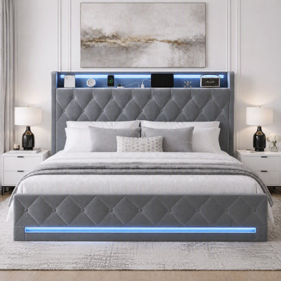 Velvet Upholstered Lift-Up Storage Platform Bed with Wingback Headboard, Adjustable LED Light & Charging Station