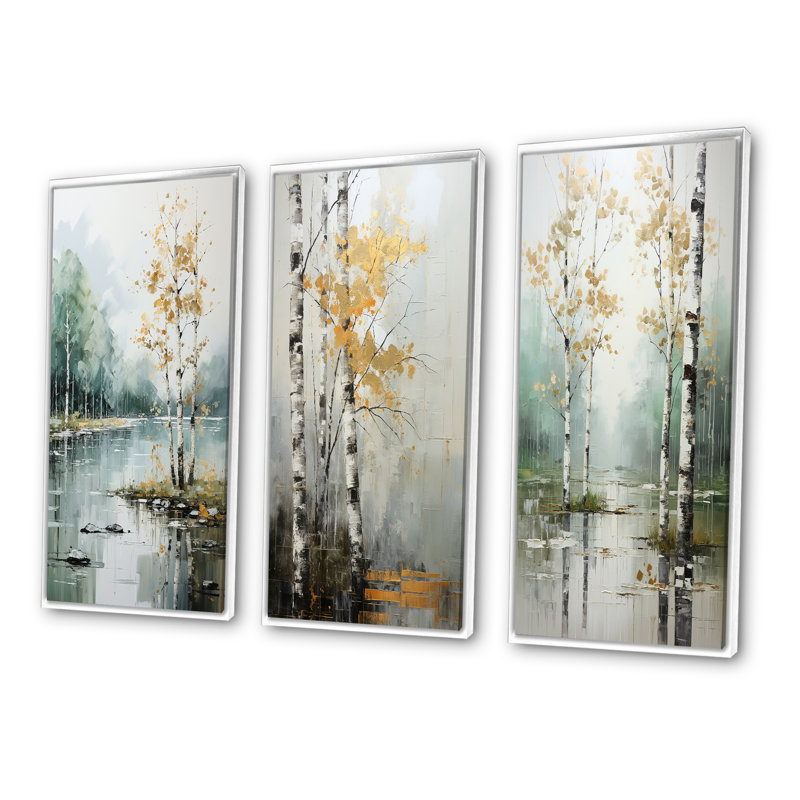 «Birch Woods Ethereal Elegance», 3 pièces, Cadre blanc, H 40 po x l 60 po