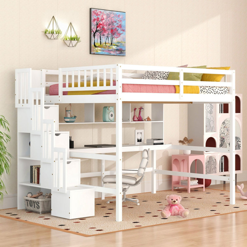 Kids Full Solid Wood Loft Bed with Built-In Desk and Shelves, White
