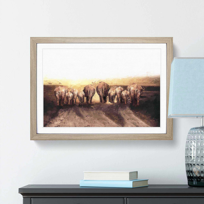 Herd of Elephants on a Dusty Road in Abstract - Picture Frame Painting Print, Oak Framed, 62cm H x 87cm W x 2cm D
