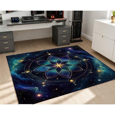 Tapis céleste Space Galaxy Mandala, motif cosmique nuit or étoilé bleu, tapis de sol doux, antidérapant, lavable à la machine, décoration intérieure hypnotique et artistique pour le salon, la chambre à coucher, le coin-détente, appartement
