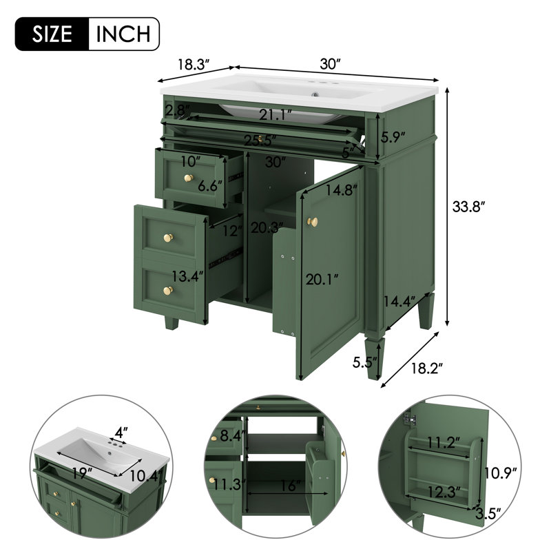  Meuble-lavabo 30 po avec lavabo, armoire de rangement moderne avec 2 tiroirs et tiroir basculant, vert