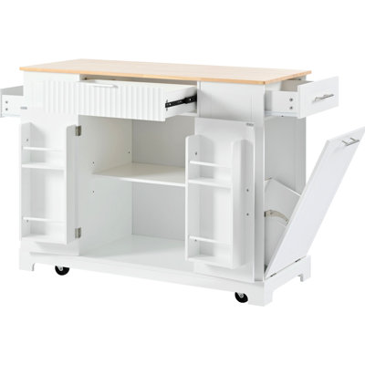 White Kitchen Island With Internal Trash Storage, 10 Capacity, 5 Movement, 3 Drawers Cart Can Compartment, Power Outlet, Drawers, Open Side Shelves, Finish