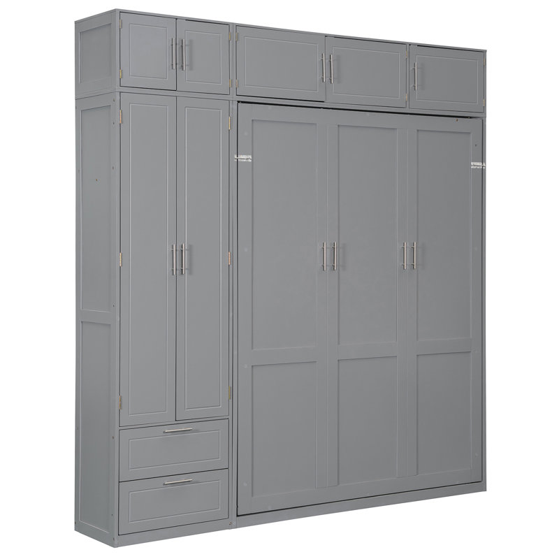 Grand lit gris avec tiroirs de rangement, tablette supérieure et conception compacte pour petits appartements, trois armoires suspendues, lattes confortables pour garde-robe latérale