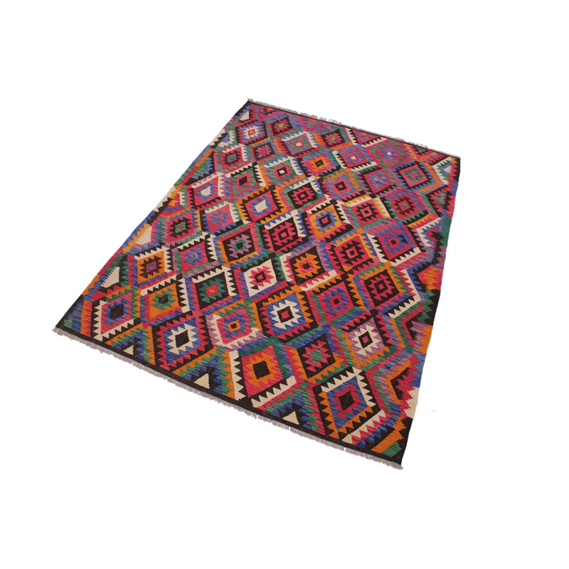 Tapis géométrique rouge / ivoire / violet en laine fabriqué à la main 6 pi 6 po x 9 pi 1 po Madee