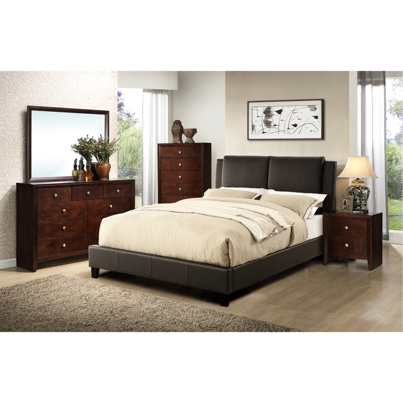 Grand lit Modern Elegance, revêtu de similicuir brun avec tête de lit, sans sommier tapissier pour sommier contemporain, Brun