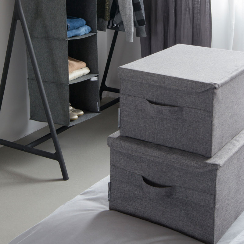 Bigso Soft Foldable Polyester Storage Box with Lid, Gray, 7.5" H x 13.8" W x 10.2" D
