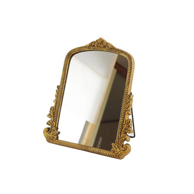 Small Vintage Vanity Makeup Desk Mirror Antique Traditional Chic Arch Table Mirror Gold，Decor Wood Framed Small Standing Carved Arendahl Mirror For Living Room,Bedroom,Tabletop 11.8" X 9.6"
