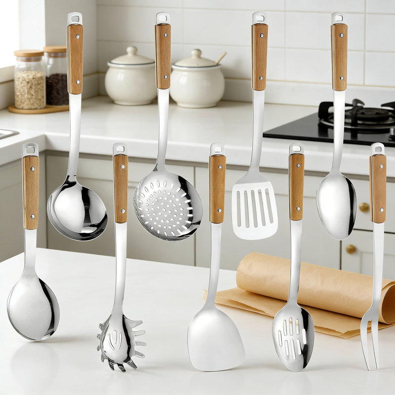 Ensemble d'ustensiles de cuisine 9 pièces en acier inoxydable avec poignées en bois, comprenant une louche, un Turner, une spatule, une cuillère et plus encore, des ustensiles de cuisine allant au lave-vaisselle