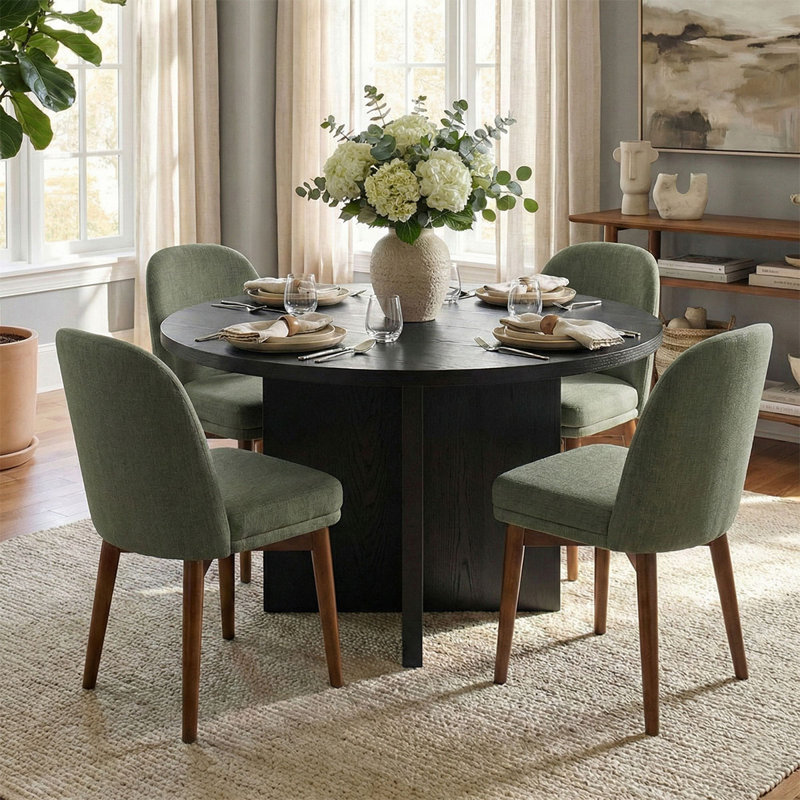 5-Piece Modern Black Round Dining Set, Green
