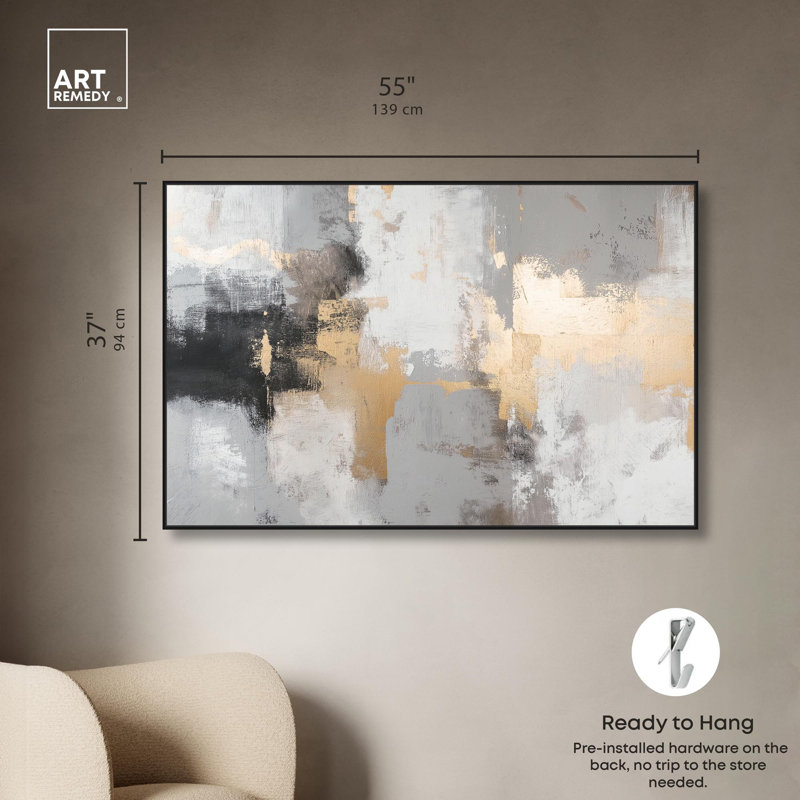 «Gilded Gray II», art abstrait sur toile par Art Remedy, H 37 po x l 55 po, Cadre flottant noir