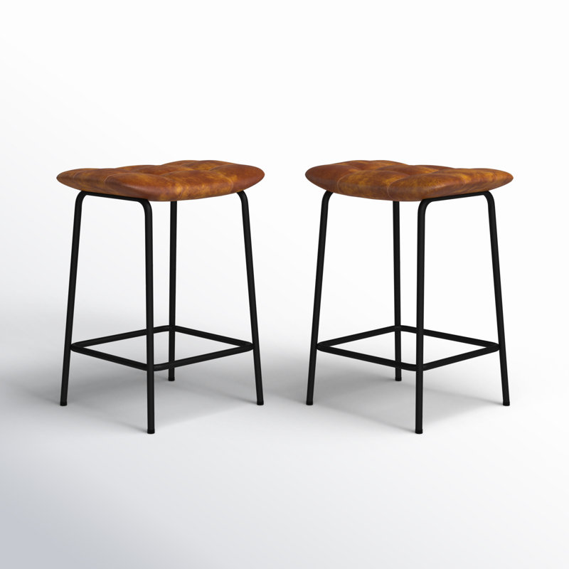 24'' Yellow Brown Faux Leather and Iron Backless Bar Stools, Set of 2