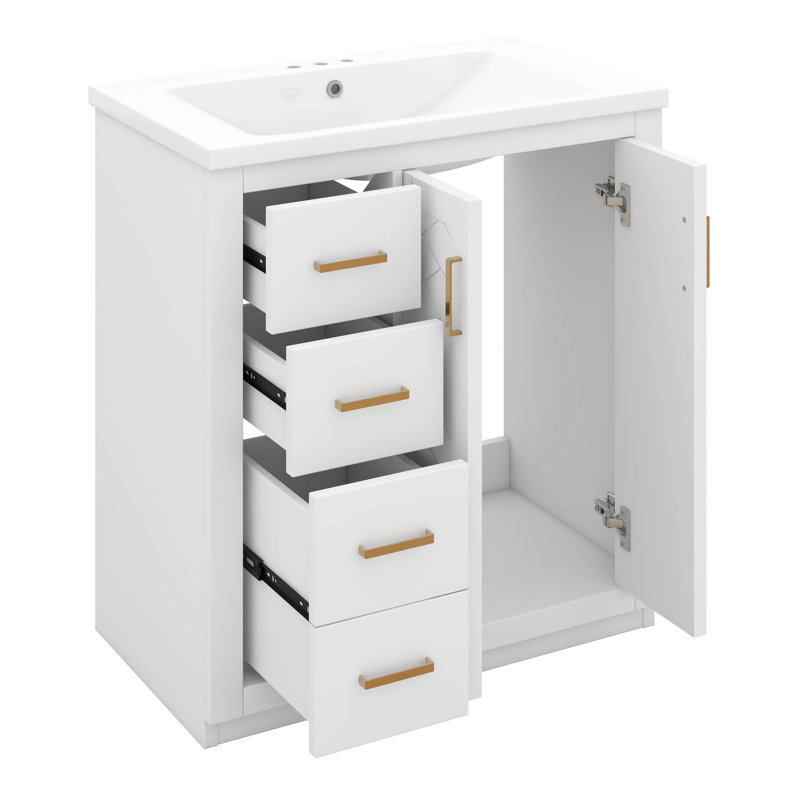 Meuble-lavabo sur pied 36 po avec lavabo en céramique, armoire de rangement moderne à 3 tiroirs et 2 portes, Blanc