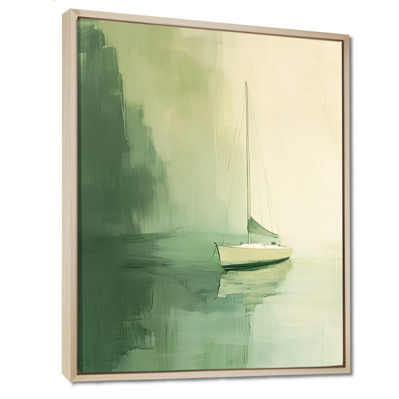 Voilier dans la brume verte - Décoration murale encadrée représentant un paysage marin sur toile, H 40 po x l 30 po
