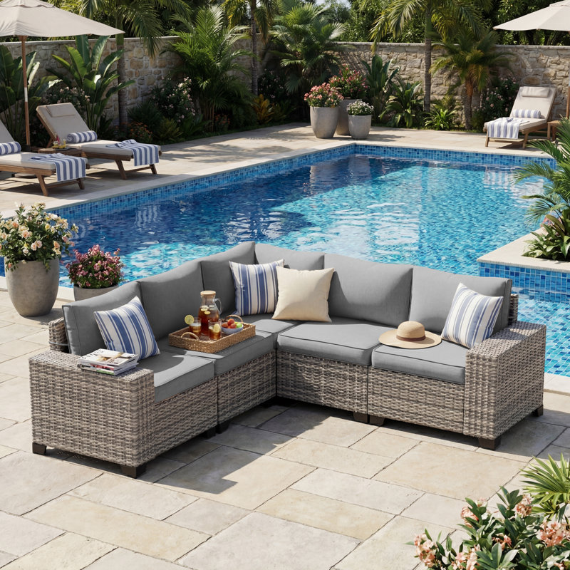 5-Person All-Weather PE Wicker Outdoor Sectional Sofa Set With Cushions And Wide Armrests, Gray