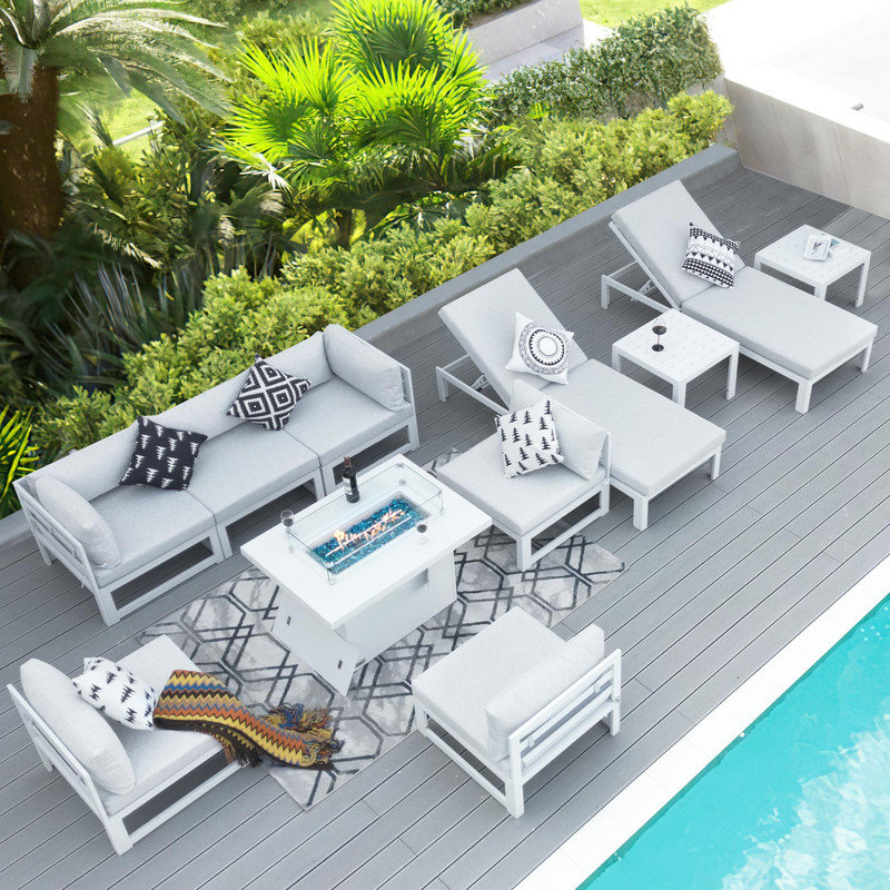 11 Pieces Modern Aluminum Patio Furniture Set With Fire Table, Outdoor Modular Sectional Conversation Set With Patio Chaise Lounges
