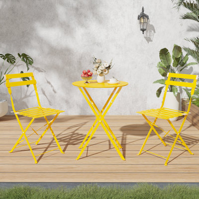 3-Piece Wrought Iron Bistro Set – Folding Cafe Table with 2 Chairs – Anti-Rust, Waterproof Design – Perfect for Small Spaces Indoors and Outdoors, Porch, Lawn, or Balcony, Yellow