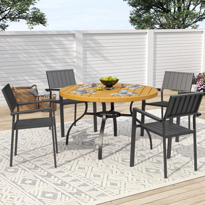 5-Piece Outdoor Patio Dining Set , 47" Round Wood-Grain Slat Table w/ Umbrella Hole + 4 Stacking Metal Chairs (350 lbs Capacity) , Rustproof, Breathable Design, 30-Min Assembly, Patio, Garden, Balcony