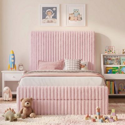 Twin Size Faux Fur Upholstered Platform Bed Frame with 2 Storage Drawers and RGB LED Lights