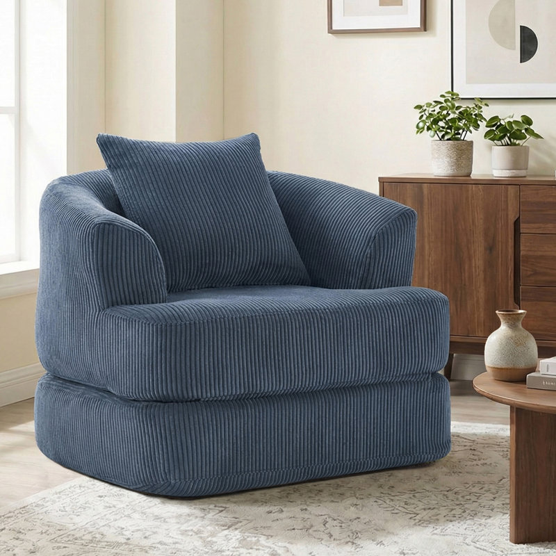Fauteuil demi-tonneau d'appoint convertible surdimensionné rembourré, Velours côtelé bleu