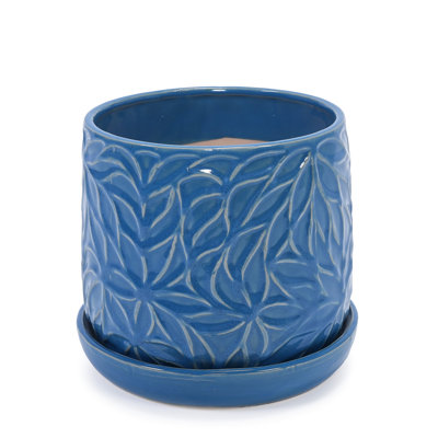 7" Modern Ceramic Flowerpots With Navy Blue Finish, Of 2, All-Weather Durability, Drainage Feature For Spaces 2 Planters Antique Weather-, Hole, Versatile Placement Options
