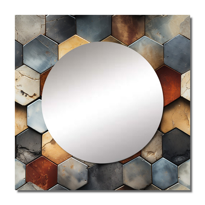Rustic Hexagons Boho Motif II - Grand miroir carré moderne pour décoration murale, 23 po x 23 po