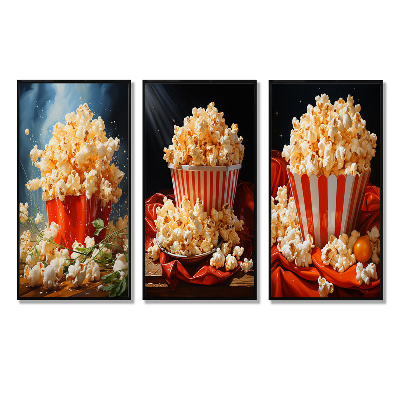 Carnival Kernels Bright Pop Corn Fiesta I - Popcorn, ensemble de 3 reproductions d'art sur toile, Cadre flottant noir