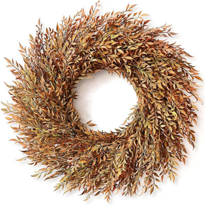 Couronne artificielle d'automne Nandina avec feuillage orange et vert, décoration de porte d'automne rustique pour fenêtre, foyer, maison de campagne, fête de l'Action de grâce et récolte