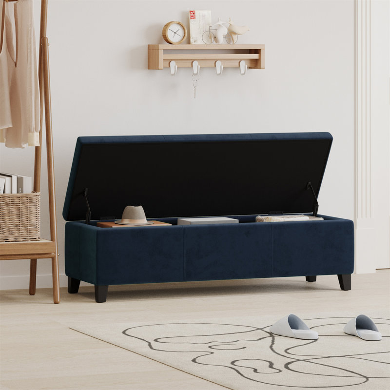 Banc de rangement avec repose-pieds Elias, 51 po, velours bleu marine foncé
