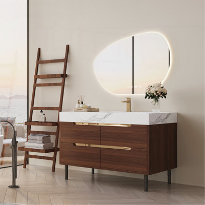 Meuble-lavabo autoportant en pierre frittée de 35,4 po avec lavabo encastré, bois massif multicouche imperméable, rangement à 4 tiroirs, fixation murale